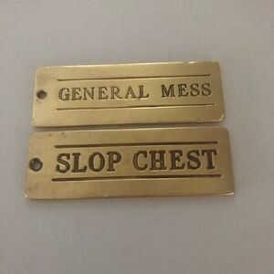 Vintage Solid Brass Navy Tags “General Mess” & “Slop Chest” Maritime Collectible